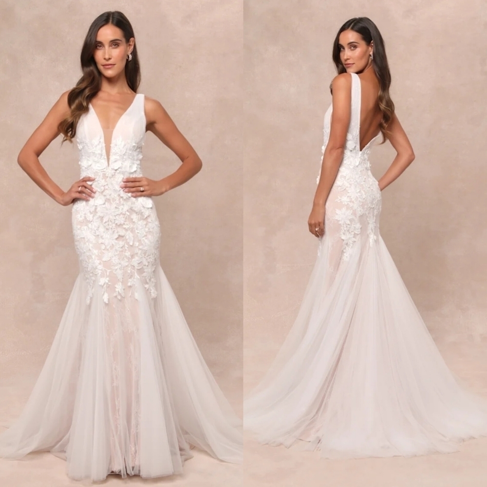 Exceptional Vow White Tulle Lace Applique Mermaid Maxi Dress Wedding Bride Chic